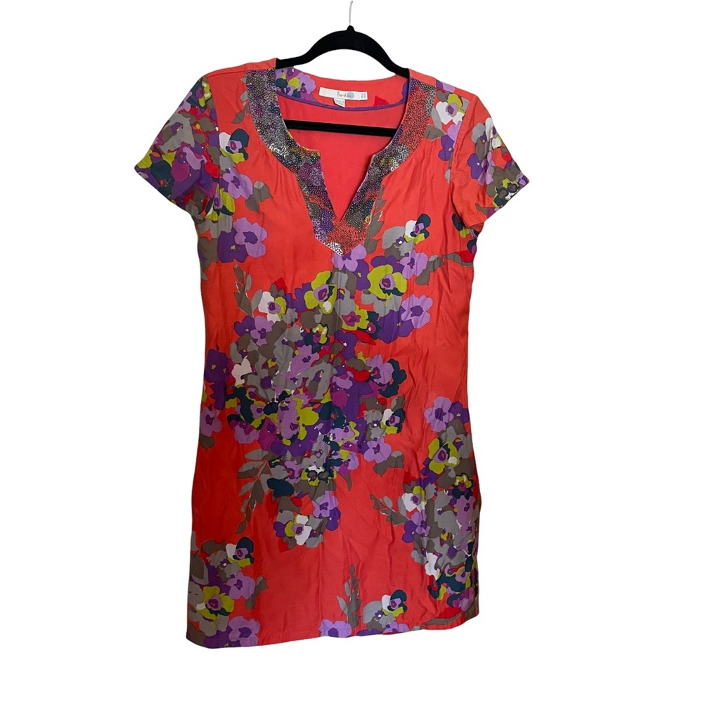 ANTHRO boden pink coral floral silk blend beaded shift dress size 8